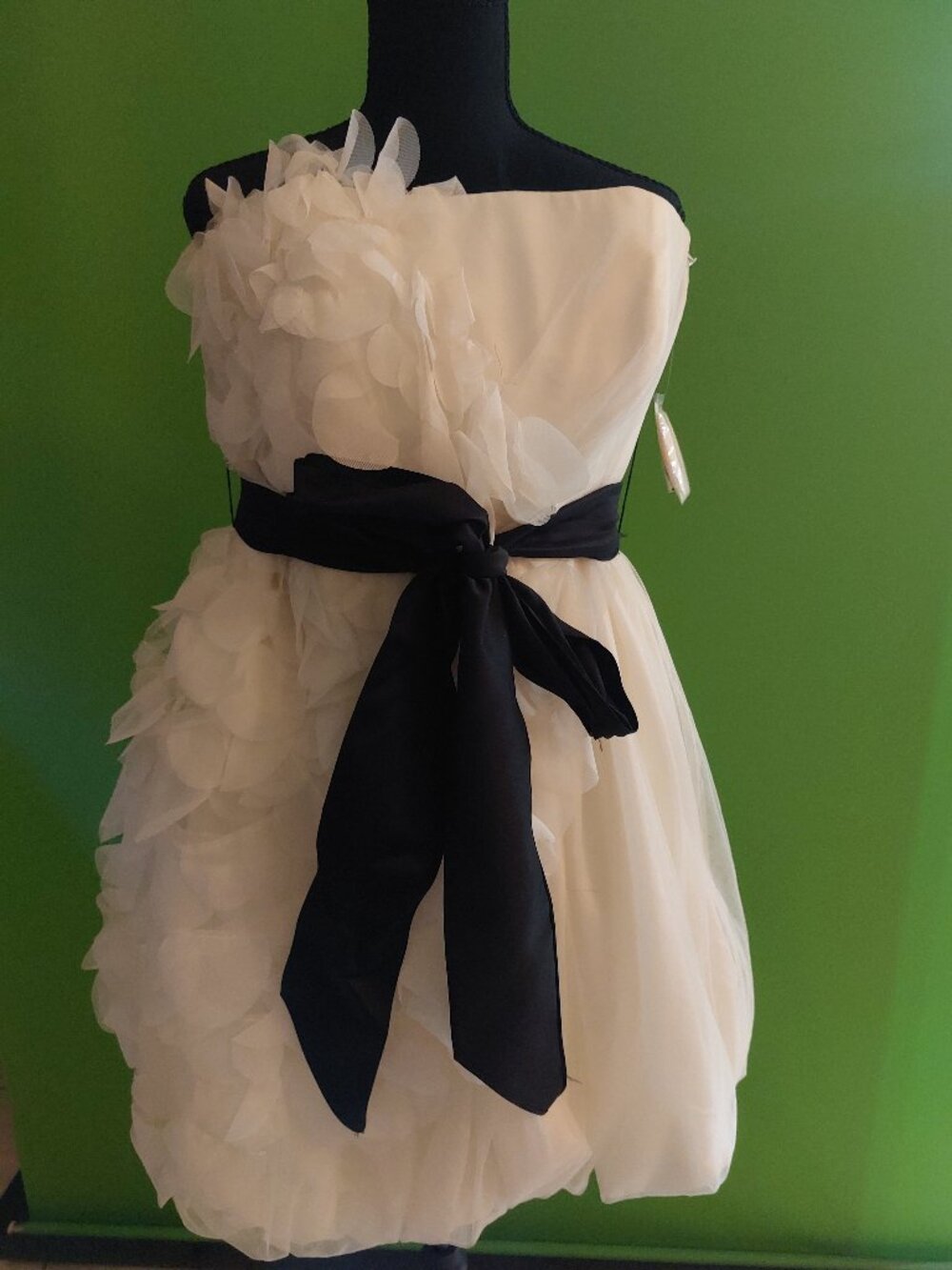 Vera Wang- White. Ivory Strapless dress w/Petals and Black Sash short. Size 16.